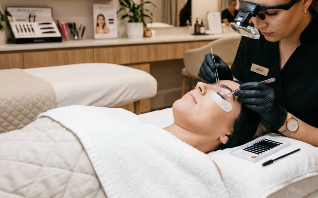 Técnica de pestañas aplicando extensiones con pinzas a una clienta recostada en Luna Barber & Beauty.