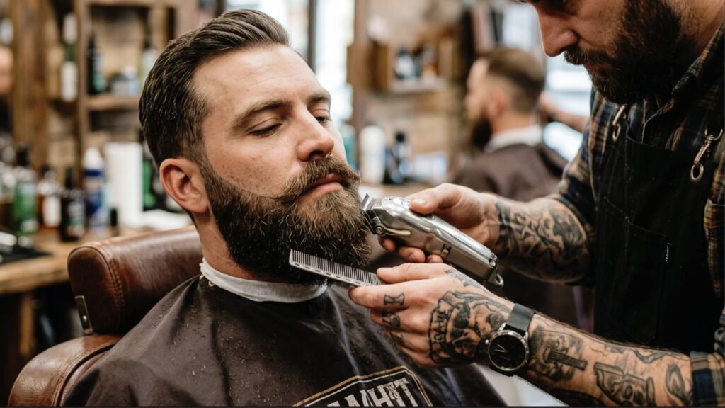 Barbero profesional en Luna Barber & Beauty realizando perfilado de barba con navaja en Miami