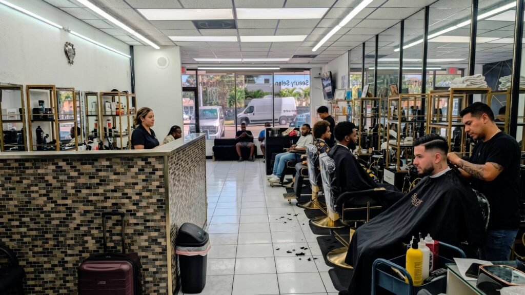 Un barbero cortando cabello a un cliente en Luna Barber and Beauty
