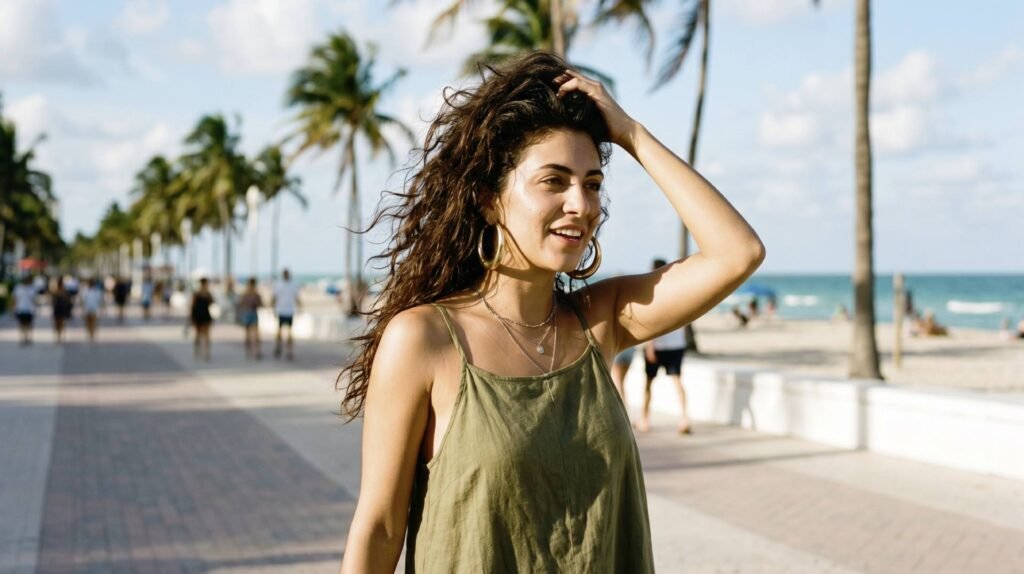 A woman walking through the streets of Miami, suffering from the heat in her hair.